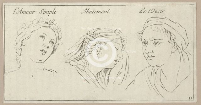 l'Amour simple, Abattement, Le Desir (from Caractères des passions, gravés sur les de..., 1695-1720. Creator: Sébastien Le Clerc the Younger.
