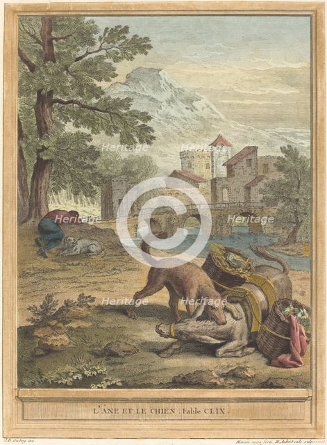 L'ane et le chien (The Donkey and the Dog), published 1756. Creator: Michel Aubert.