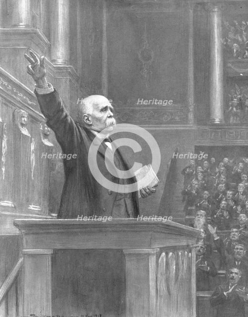 ''L'Apotheose du Droit; M. Clemenceau a la tribune de la Chambre, le 11 novembre 1918..., 1918. Creator: J Simont.