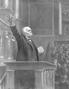 'L'Apotheose du Droit; M. Clemenceau a la tribune de la Chambre, le 11 novembre 1918..., 1918. Creator: J Simont