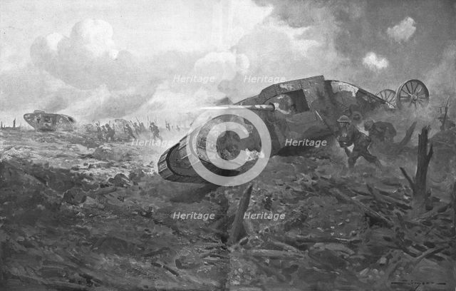 'L'Apparition des Tanks; L'entrée en ligne des premiers chars d'assaut Anglais, le 15 septembre 1916 Creator: J Simont.