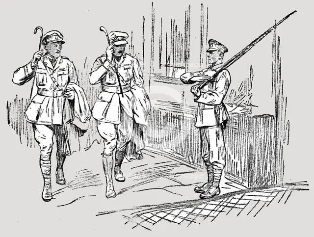 'L'Armee Britannique dans le Nord de la France; Sentinelle saluant un capitaine et un...,1916. Creator: Unknown.