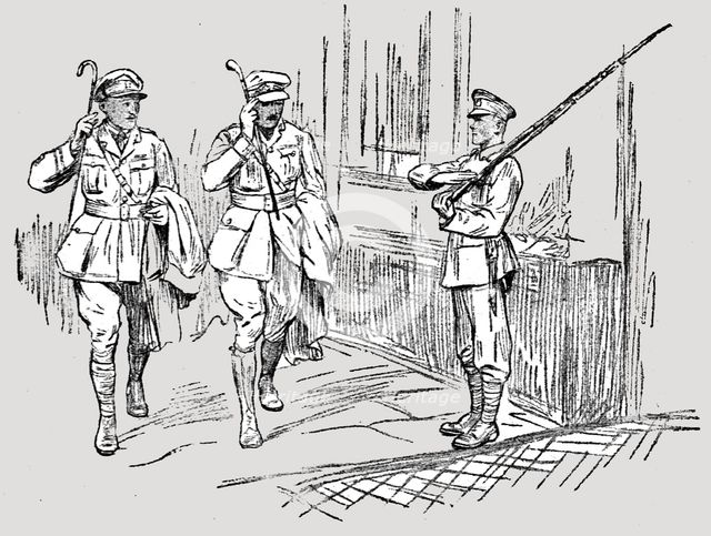 'L'Armee Britannique dans le Nord de la France; Sentinelle saluant un capitaine et un...,1916. Creator: Unknown.