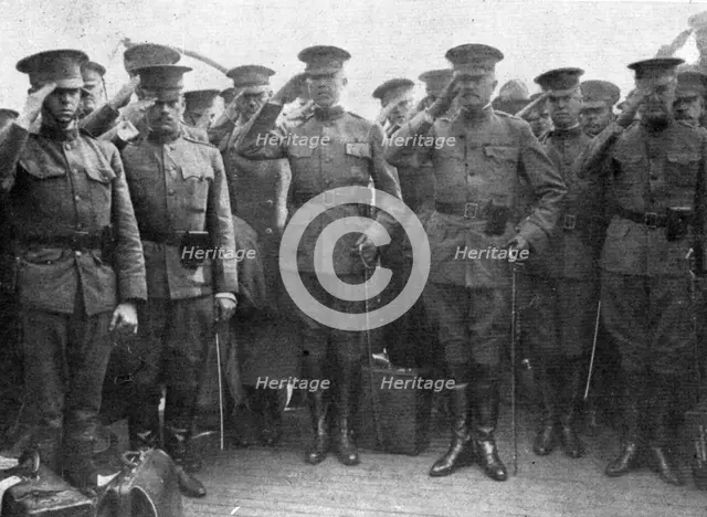 'L'Arrivee du General Pershing; Le general et ses officiers ecoutant la Marseillaise', 1917. Creator: Unknown.