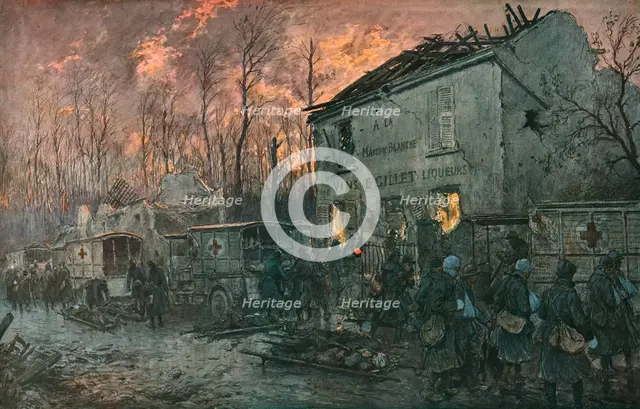 'L'automobile pendant la guerre. Enlevement des blesses dans un poste de secours', 1918. Creator: Georges Bertin Scott.