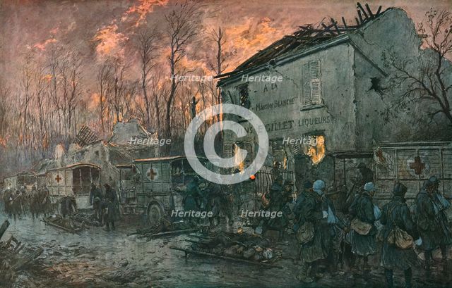 'L'automobile pendant la guerre. Enlevement des blesses dans un poste de secours', 1918. Creator: Georges Bertin Scott.