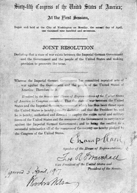 'L'Etat de Guerre aux Etats-Unis; La resolution conjointe de la Chambre et du Senat..., 1917. Creator: Unknown.