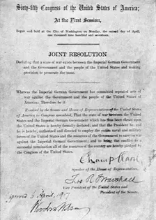 L'Etat de Guerre aux Etats-Unis; La resolution conjointe de la Chambre et du Senat..., 1917. Creator: Unknown
