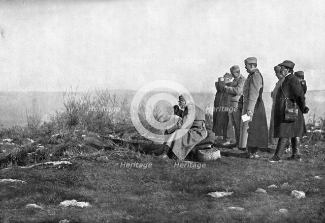 'L'exemple du souverain; Le roi Pierre 1er observe les peripeties de la bataille', Dec 1914. Creator: Samson Tchernoff.