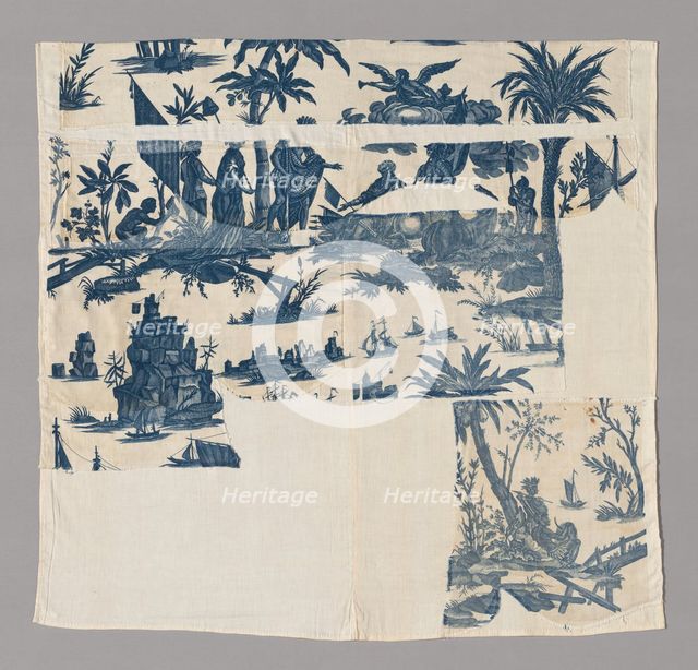 L'Hommage de l'Amérique á la France (America's Tribute to France) (Furnishing Fabric), c. 1790. Creators: Unknown, Jean Baptiste Marie Huet, Christophe-Philippe Oberkampf, Oberkampf Manufactory.