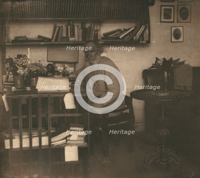 L.N. Tolstoi in his study, in Iasnaia Poliana, 1908. Creator: Sergey Mikhaylovich Prokudin-Gorsky.