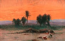 'L'oasis de Biskra au soleil couchant; Afrique du nord 1914. Creator: Max Raber