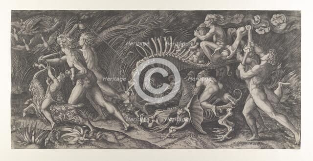 Lo Stregozzo: a female witch riding on an animal skeleton, preceded by two men and ..., ca. 1515-25. Creator: Agostino Veneziano.