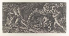 Lo Stregozzo: a female witch riding on an animal skeleton, preceded by two men and ..., ca. 1515-25. Creator: Agostino Veneziano