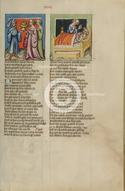 Lot Made Drunk by his Two Daughters: Lot's Incest; Weltchronik, about 1400-1410. Creator: Unknown.