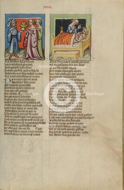 Lot Made Drunk by his Two Daughters: Lot's Incest; Weltchronik, about 1400-1410. Creator: Unknown.