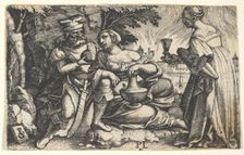 Lot and his daughters: a daughter at center rests her right arm on Lot's knee and a ve..., ca. 1531. Creator: Georg Pencz