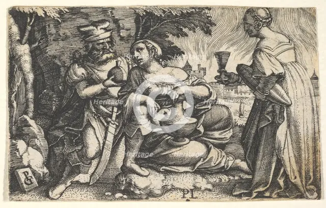 Lot and his daughters: a daughter at center rests her right arm on Lot's knee and a ve..., ca. 1531. Creator: Georg Pencz.