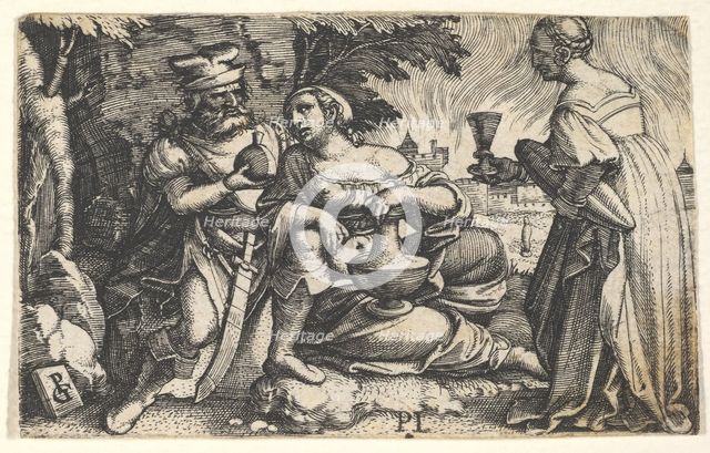 Lot and his daughters: a daughter at center rests her right arm on Lot's knee and a ve..., ca. 1531. Creator: Georg Pencz.