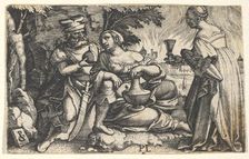Lot and his daughters: a daughter at center rests her right arm on Lot's knee and a ve..., ca. 1531. Creator: Georg Pencz