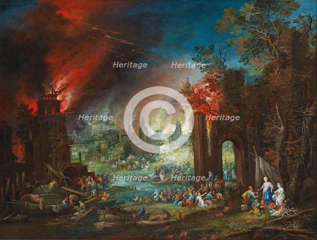 Lot and his Daughters, with the burning town of Sodom in the background, End of 17th-Early 18th cen. Creator: Hartmann, Johann Jacob (ca 1658-ca 1736).
