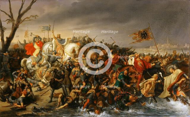 Lothair of France defeats Emperor Otto II on the banks of the Aisne, October 978. Artist: Durupt, Charles-Barthelemy-Jean (1804-1838)