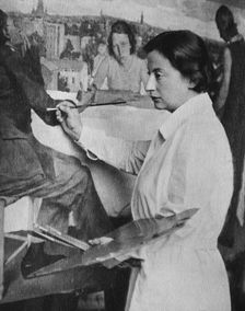 Lotte Laserstein painting her large work "Evening over Potsdam", 1930. Creator: Debschitz-Kunowski, Wanda von (1870-1935)