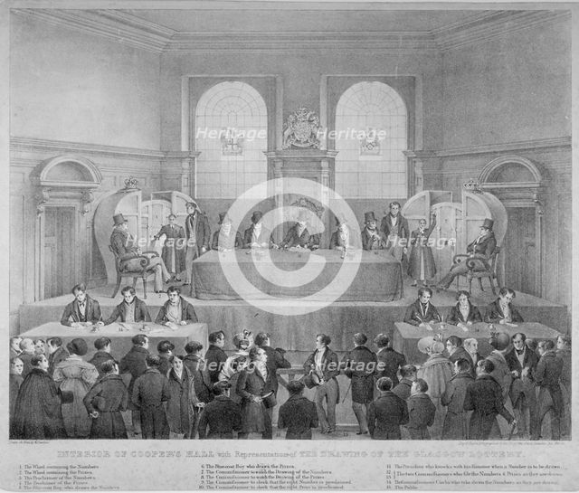 Lottery draw, Coopers' Hall, City of London, 1825. Artist: Day & Haghe