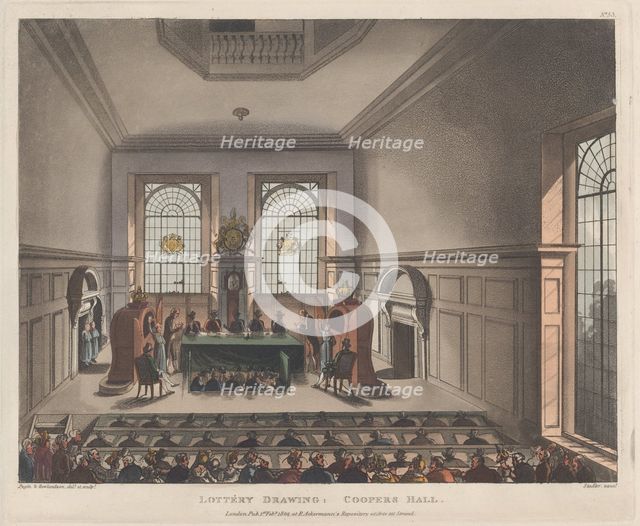 Lottery Drawing, Coopers Hall, February 1, 1809., February 1, 1809. Creator: Joseph Constantine Stadler.