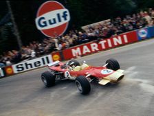 Lotus 49, Gold Leaf, driven by Jackie Oliver at the 1968 Belgian Grand Prix. Creator: Unknown