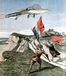 Louis Bleriot (1872-1936), French aviator, flying over the cliffs at Dover, 1909