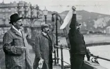 Louis Blériot on the pier at Dover after his flight across the English Channel, 25 July 1909