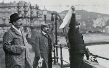 Louis Blériot on the pier at Dover after his flight across the English Channel, 25 July 1909