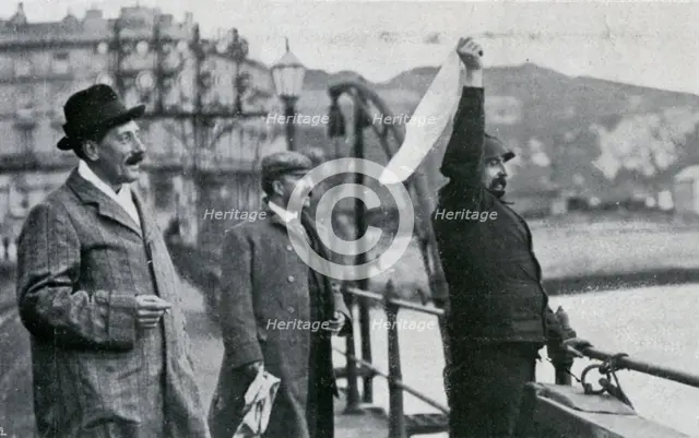 Louis Blériot on the pier at Dover after his flight across the English Channel, 25 July 1909. Artist: Unknown