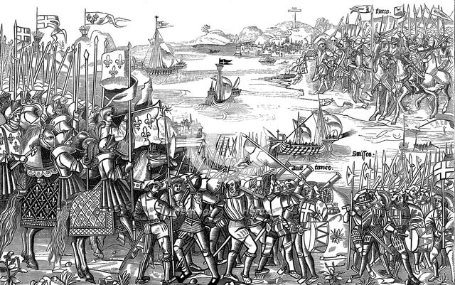Louis IX of France disembarking at Damietta, Egypt, Seventh Crusade, 1249 (1522). Artist: Unknown