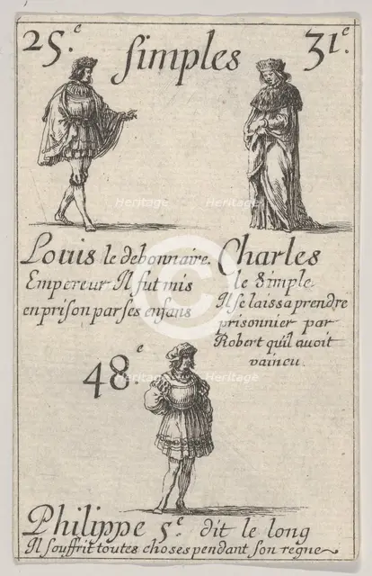 Louis le debonnaire... Charles le Simple, from 'Game of the Kings of France' (Jeu des Rois..., 1644. Creator: Stefano della Bella.