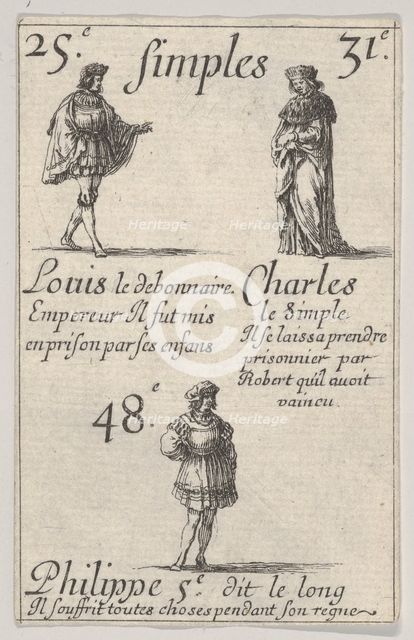 Louis le debonnaire... Charles le Simple, from 'Game of the Kings of France' (Jeu des Rois..., 1644. Creator: Stefano della Bella.