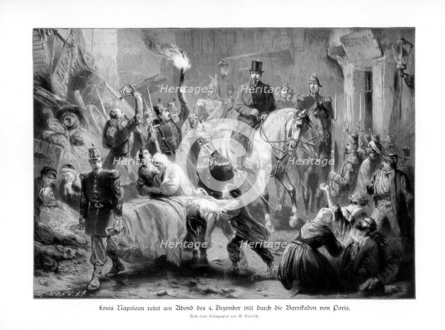 Louis Napoléon Bonaparte viewing the barricades of Paris, (4th December 1851), 1900.Artist: G Bartsch