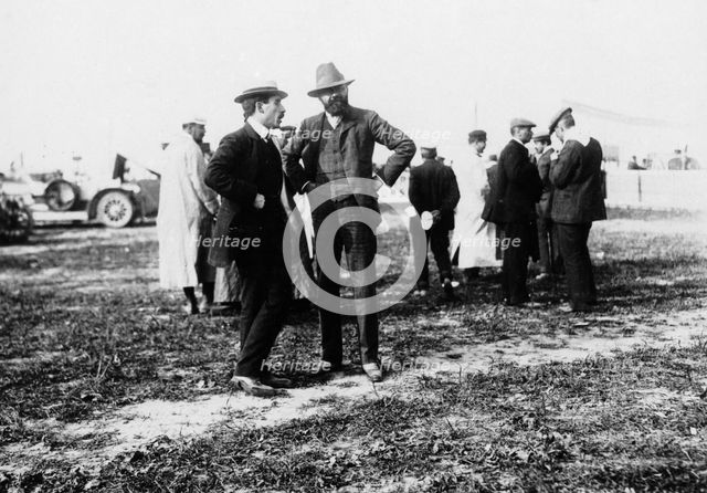 Louis Renault (to the left) and Edouard Michelin at the French Grand Prix, Dieppe, 1908. Artist: Unknown
