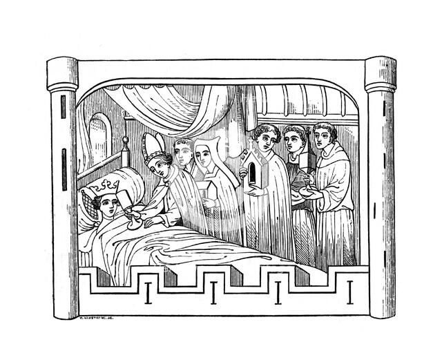 Louis, the eldest son of Philip Auguste, king of France, lies ill in bed, 1191, (1843).Artist: Henry Shaw