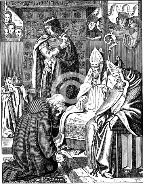 Louis the Pious making penance at Attigny in 822 (Illustration from the Geschichte des deutschen Volkes by E. Duller), 1840. Artist: Kirchhoff, Johann Jakob (1796-1848)