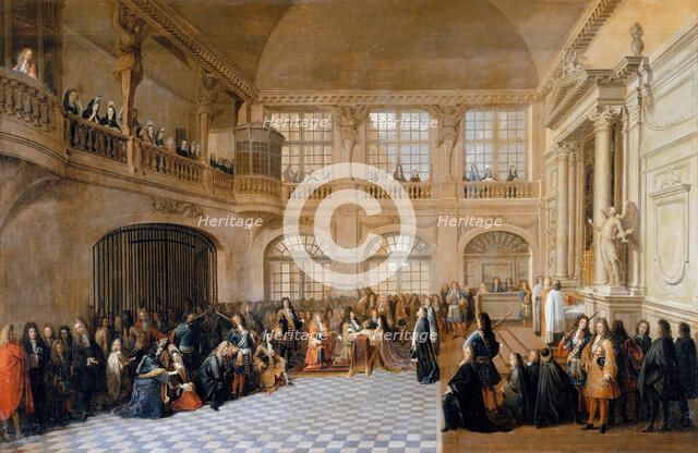 Louis XIV receiving the oath of the Marquis De Dangeau, Grand Master of the Order of Saint Lazare in Artist: Pezey, Antoine (active 1695-1710)