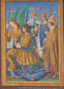 Louis XII of France Kneeling in Prayer, Accompanied by Saints Michael, Charlemagne..., 1498/1499. Creator: Jean Bourdichon