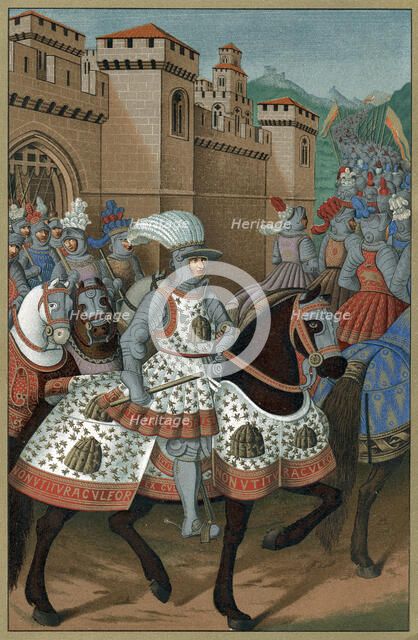 Louis XII, King of France, riding out with his army to chastise the city of Genoa, 24 April 1507. Artist: Unknown