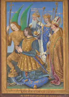 Louis XII Kneeling in Prayer Accompanied by Saint Michael, Saint Charlemagne..., 1498/1499. Creator: Jean Bourdichon