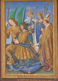 Louis XII Kneeling in Prayer Accompanied by Saint Michael, Saint Charlemagne..., 1498/1499. Creator: Jean Bourdichon
