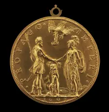 Louis XIII as Dauphin between Henri IV as Mars and Marie as Pallas Athena [reverse], 1603. Creator: Abraham Dupre