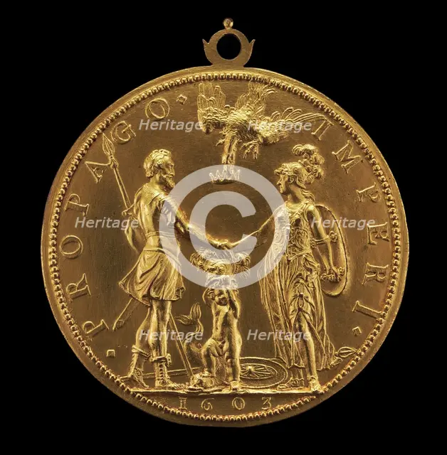Louis XIII as Dauphin between Henri IV as Mars and Marie as Pallas Athena [reverse], 1603. Creator: Abraham Dupre.