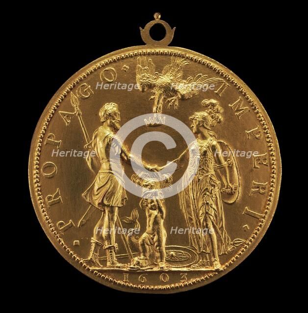 Louis XIII as Dauphin between Henri IV as Mars and Marie as Pallas Athena [reverse], 1603. Creator: Abraham Dupre.