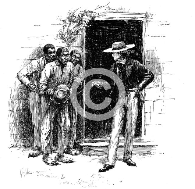 Louisiana planter showing a voodoo charm to apprehensive plantation workers, 1886. Artist: Unknown
